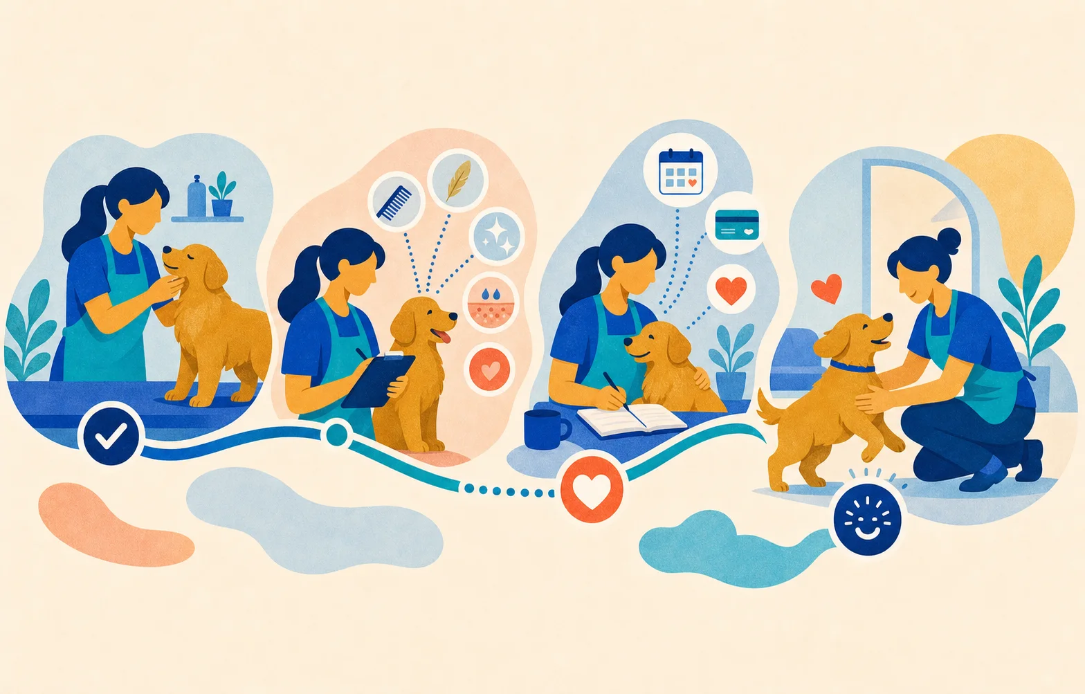 Abstract illustration of useful visit details carrying forward into a pet’s next visit