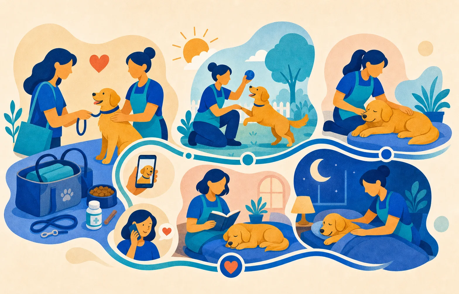 Abstract illustration of a prepared boarding check-in leading to a calm pet stay