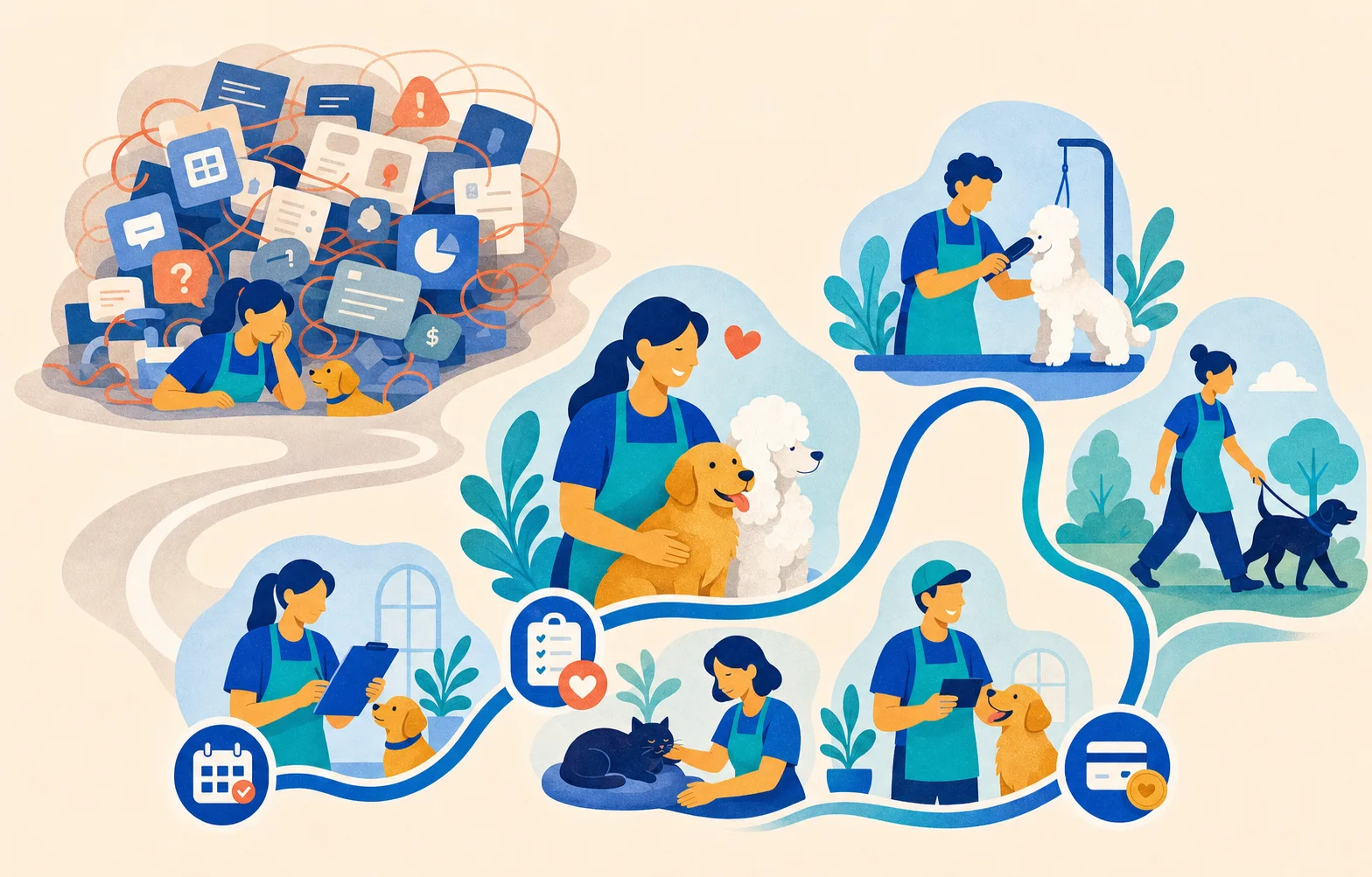 Abstract illustration of a pet-care team choosing a clear practical path over tangled tools