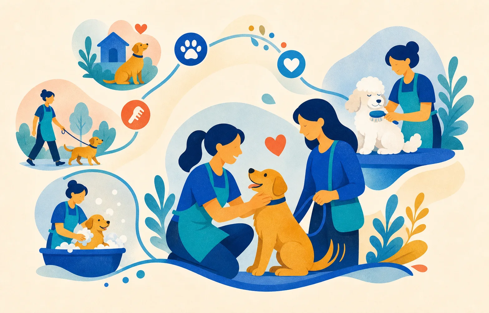 Abstract illustration of a pet-care team remembering a returning dog across visits