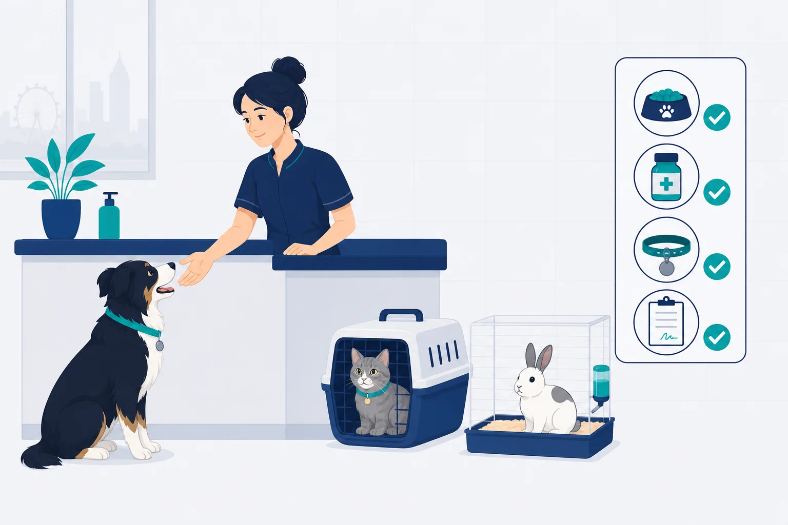 A prepared boarding team welcoming a pet for a calm stay