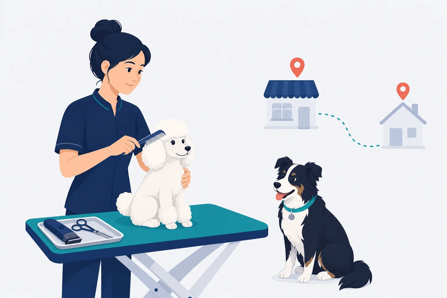 A groomer caring for a dog in an organised salon with house-call travel represented nearby